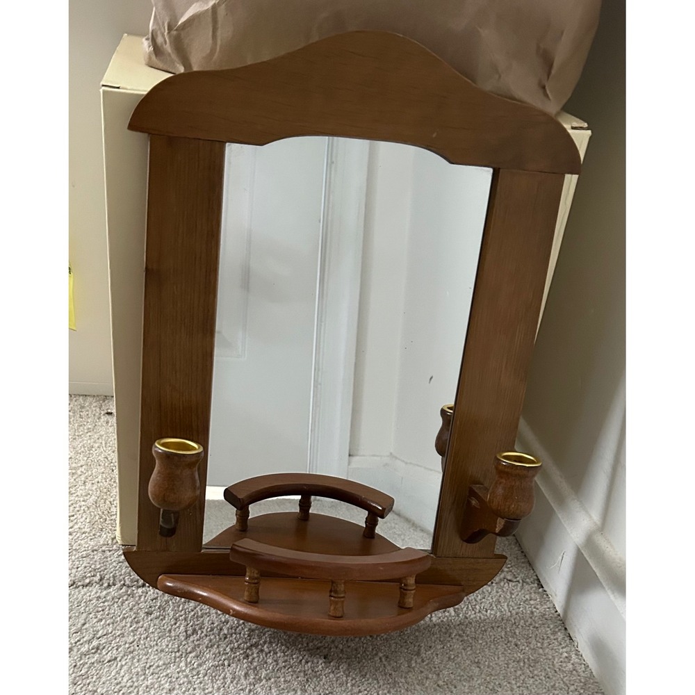 Vintage Wood Wall Mirror with Candle Holders and Shelf Farmhouse Decor